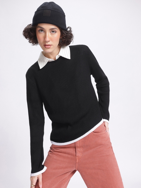 glitchez Layering Contrast Trim Ribbed Pullover