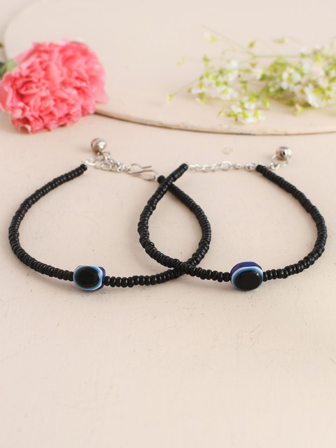 DIVASTRI Set Of 2 Sttainless Steel Silver-Plated Artificial Stones Beaded Anklet