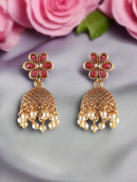 Anouk Gold-Plated Artificial Stone Studded and Beaded Pearls Beaded Dome Jhumkas