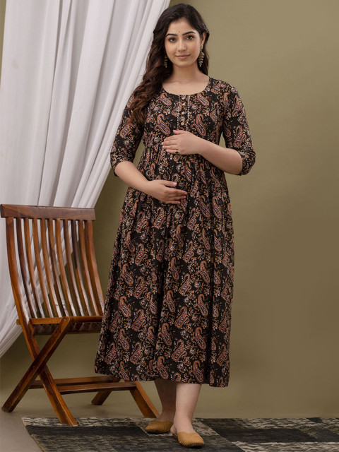 CORSICA Women Maternity Paisley Printed Round Neck Fit and Flare Maxi Dress