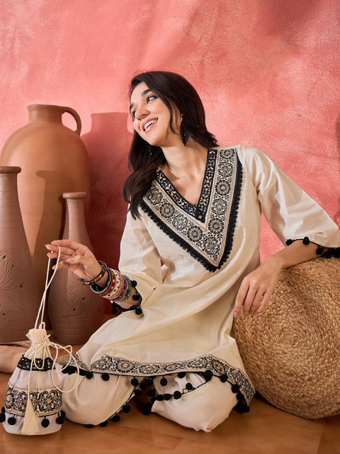 Sangria Floral Embroidered V-Neck A-Line Fusion Kurta With Dhoti Pant & Bag