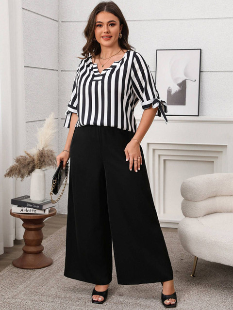 Sztori Plus Size Striped V-Neck Top With Palazzo Co-Ords - Image 4
