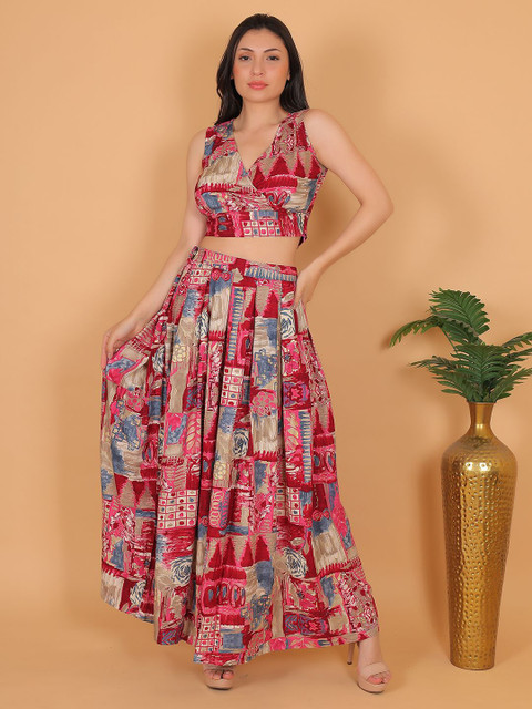 FIMS Women Printed V Neck Top & Skirt Co-Ord