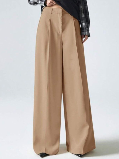 Next One Women Solid Smart Regular Fit High-Rise Pleated Korean Pants Trousers
