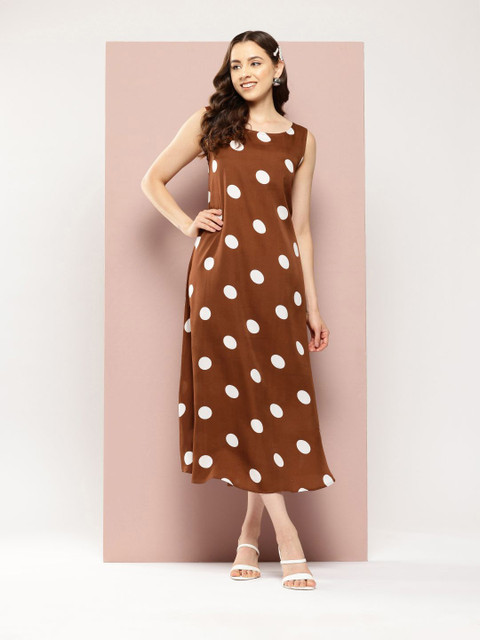 Qurvii Polka Dot Print Shoulder Straps A-Line Midi Dress