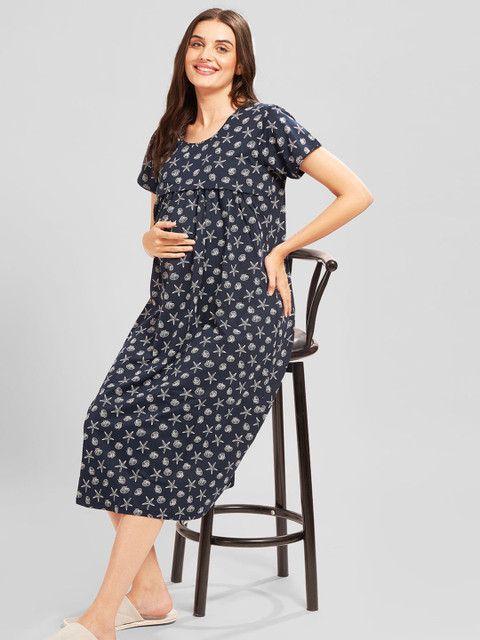 AV2 Women Printed Maternity Midi Nightdress