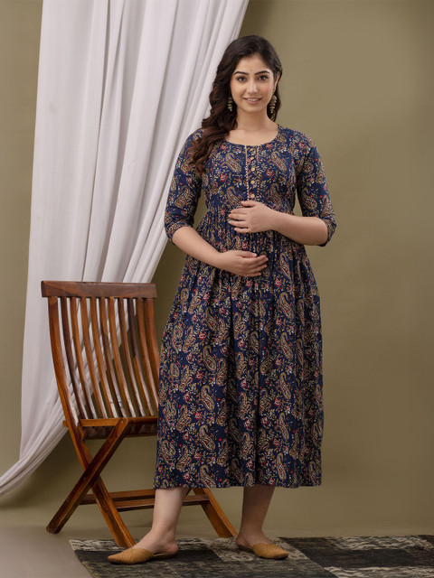CORSICA Women Paisley Printed Cotton Maternity Fit and Flare Midi Dress
