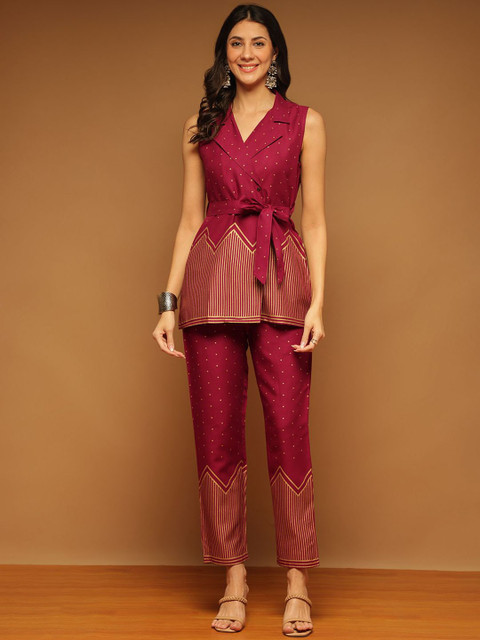 Anouk Printed Top With Trousers Co-Ords With Belt