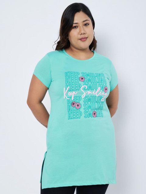 Startouch Women Plus Size Typography Printed Round Neck Longline T-shirt