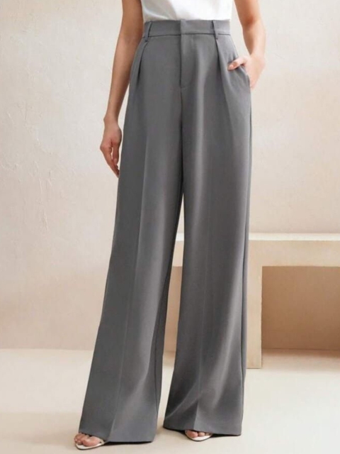 BROADSTAR Women Smart High-Rise Easy Wash Pleated Loose Fit Wide Leg Stretchable Trousers