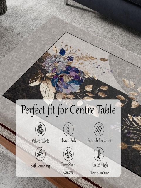 Cloth Fusion Black & Yellow Floral Printed Anti-Slip 4-Seater Velvet Table Cover - Image 5
