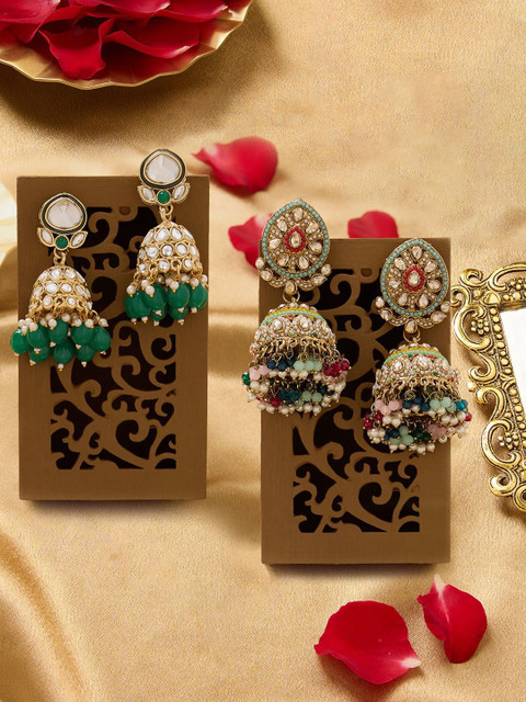 Zaveri Pearls Set Of 2 Gold-Plated Stones & Cluster Beaded Statement Dome Shaped Jhumkas