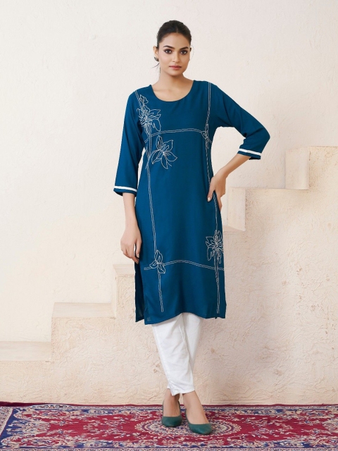 MISS CLOTHING Women Floral Embroidered Straight Calf Length Kurtas