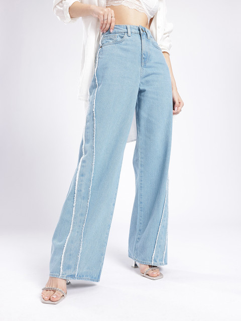 glitchez Women Baggy Wide-Leg High-Rise Frayed Stretchable Jeans