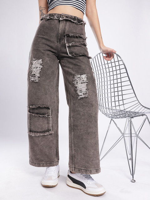 glitchez Women Frayed Detail Baggy Fit High-Rise Mildly Distressed Light Fade Jeans