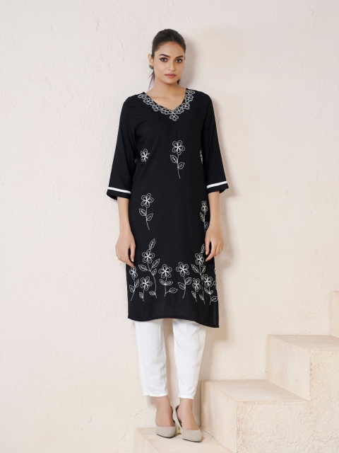 MISS CLOTHING Women Floral Embroidered Straight Kurtas