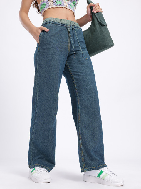 The Roadster Life Co. Women Mid-Rise Pure Cotton Baggy Wide Leg Jeans