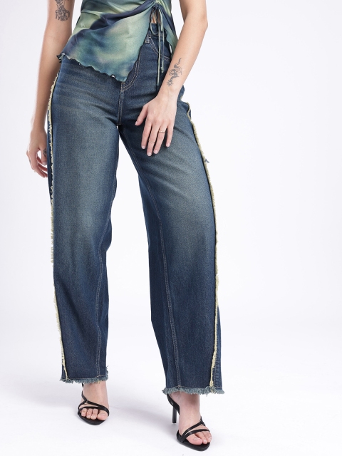 glitchez Women Baggy Fit Frayed Detail High-Rise Light Fade Jeans