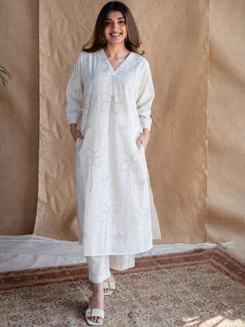 Tulip Eden Floral Printed V-Neck Straight Kurta With Trouser