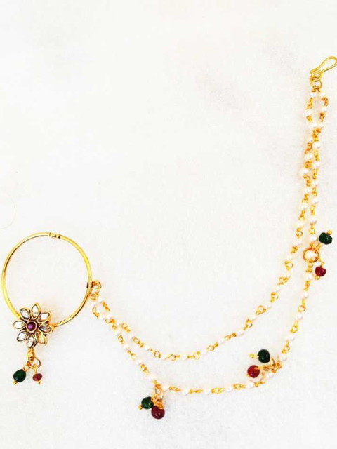NIKYANKA Gold-Plated Artificial Stones And Beads Chained Nosepin