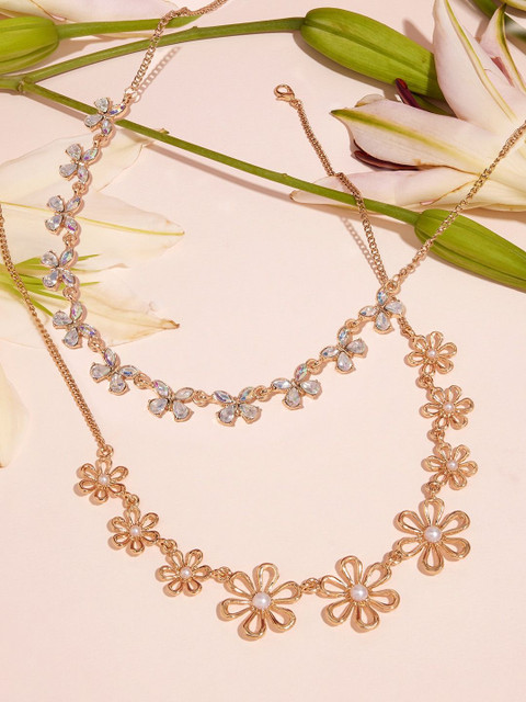 Zaveri Pearls Set of 2 Stone Studded & Beaded Flowers & Butterflies Necklaces