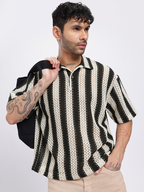 glitchez Polo Collar Monochrome Striped Open Weave Knit Oversized T-shirt
