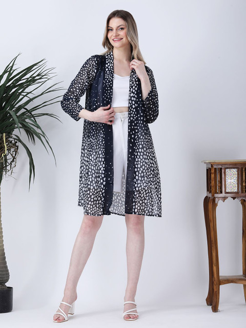 Qurvii Polka Dot Printed Mandarin Collar Open Front Longline Shrug