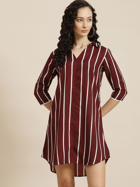 Qurvii Striped Crepe Shirt Above Knee Dress
