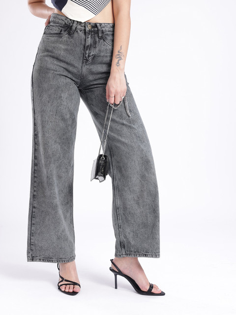 glitchez Women Baggy Wide-leg High-Rise Heavy Fade Jeans