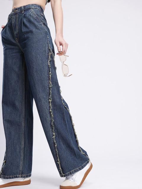 glitchez Women Baggy High-Rise Frayed Pleated Light Fade Jeans