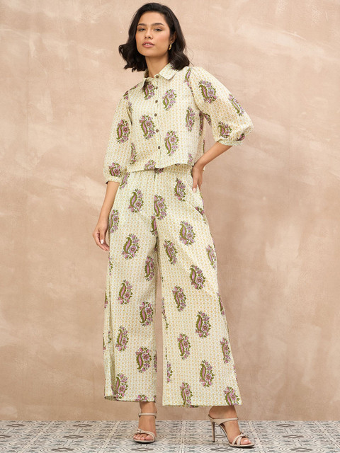 all about you Printed Shirt Collar Pure Cotton Shirt With Trousers Co-Ords
