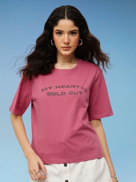 Espresso Typography Printed Round Neck Short Sleeves Relaxed Fit Pure Cotton Crop T-Shirt