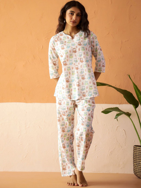 SANSKRUTIHOMES Women Conversational Printed Pure Cotton Top & Pyjamas Night suit