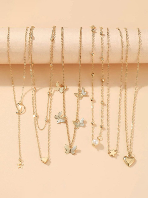 Shining Diva Fashion Set Of 6 Gold-Plated Pearls Studded Necklace