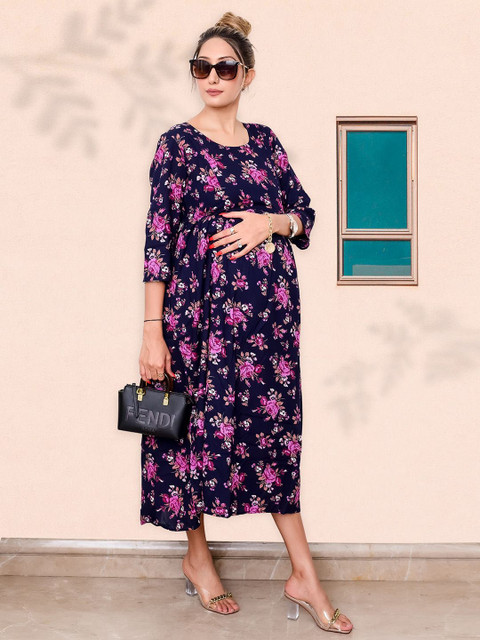LA FURBO Floral Printed Maternity A-Line Midi Dress
