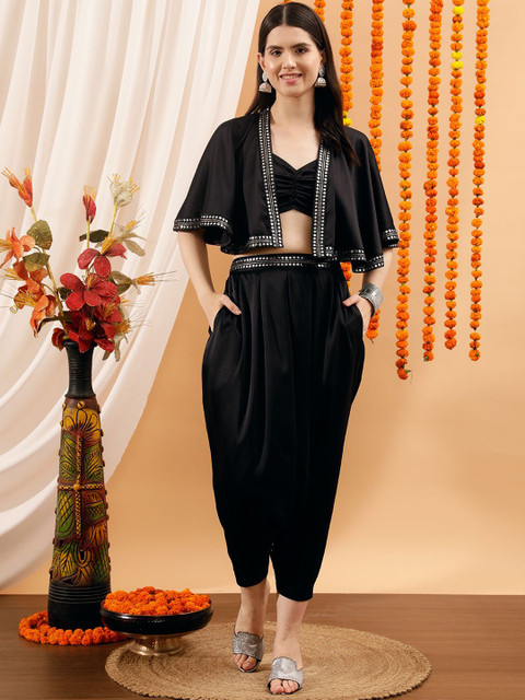 indo street Shoulder Straps Crop Top With Dhoti Pant & Jacket