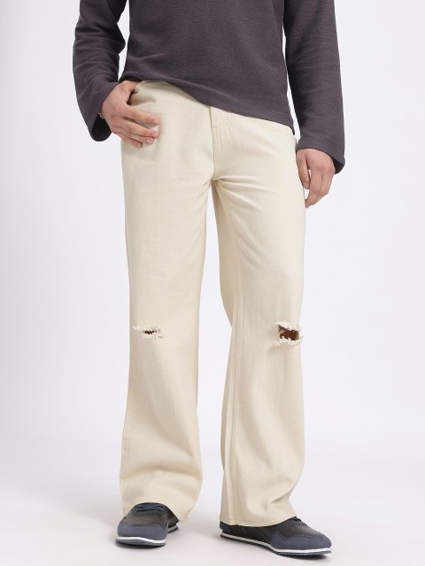 glitchez Men Pure Cotton Low-Distress Wide Leg Jeans