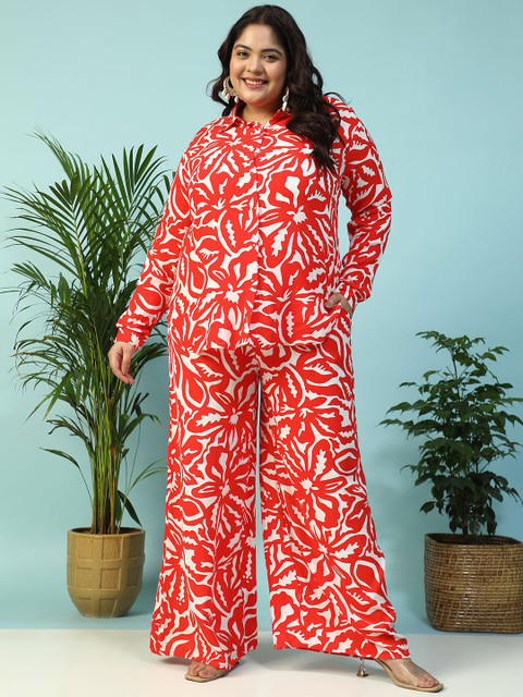 Women Plus Size Red Floral Print Collared Shirt with Flared Pants Co-ord Set
