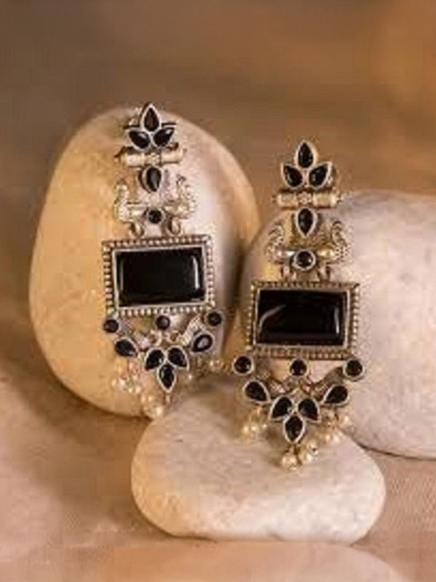 Anouk Silver-Plated Artificial Stones Studded and Beaded Contemporary Drop Earrings