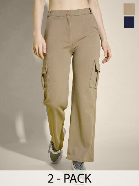 QIOA Women Pack of 2 Relaxed Straight Fit High-Rise Flat-Front Regular Cargos Trousers