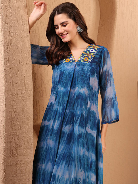 Sangria Women Georgette Tie & Dye and Embroidered A-line Flared Kurta