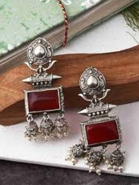 Anouk Silver-Plated Artificial Stones Studded & Beads Beaded Square Oxidised Drop Earrings