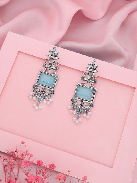 Anouk Silver-Plated Artificial Stones Studded And Beaded Contemporary Drop Earrings - Image 3