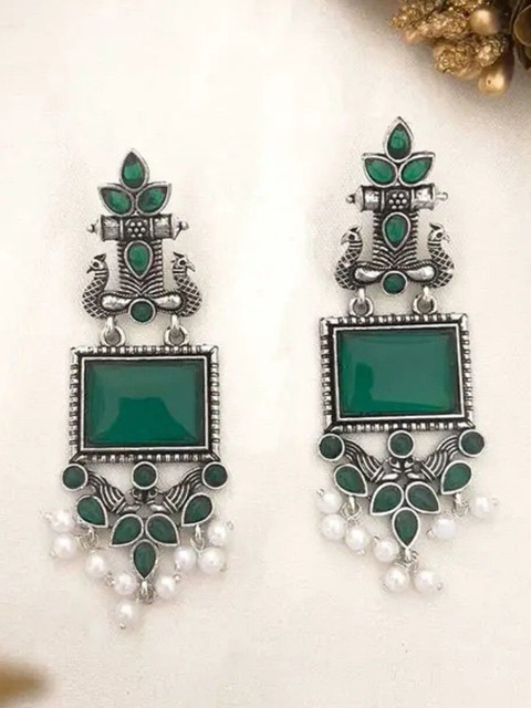 Anouk Silver-Plated Artificial Stones Studded And Beaded Contemporary Drop Earrings - Image 2