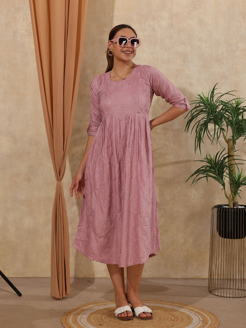 EASY MOM Floral Embroidered Maternity Fit & Flare Midi Dress