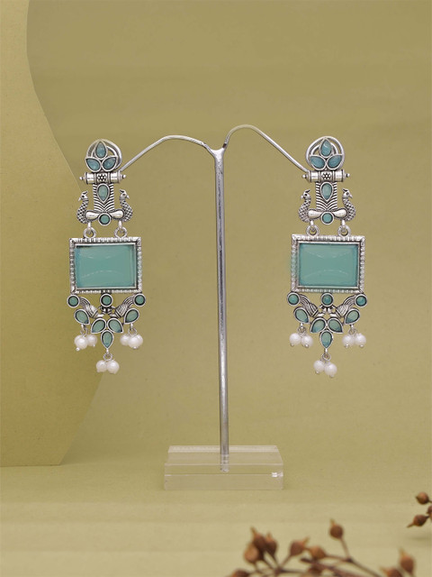 Anouk Silver-Plated Artificial Stones Studded And Beaded Contemporary Drop Earrings
