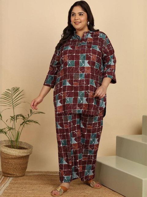 KALINI Plus Size Floral Printed Pure Cotton Top With Palazzos