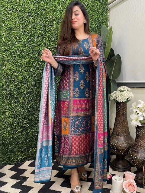 KALINI Women Multi Rayon Blend Printed Straight Kurta Set With Dupatta