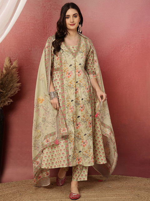 Anouk Women Floral Printed Regular Pure Cotton Kurta with Trousers & Dupatta