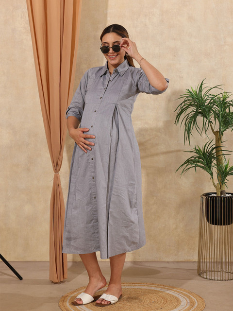 EASY MOM Women Maternity Fit & Flare Midi Dress